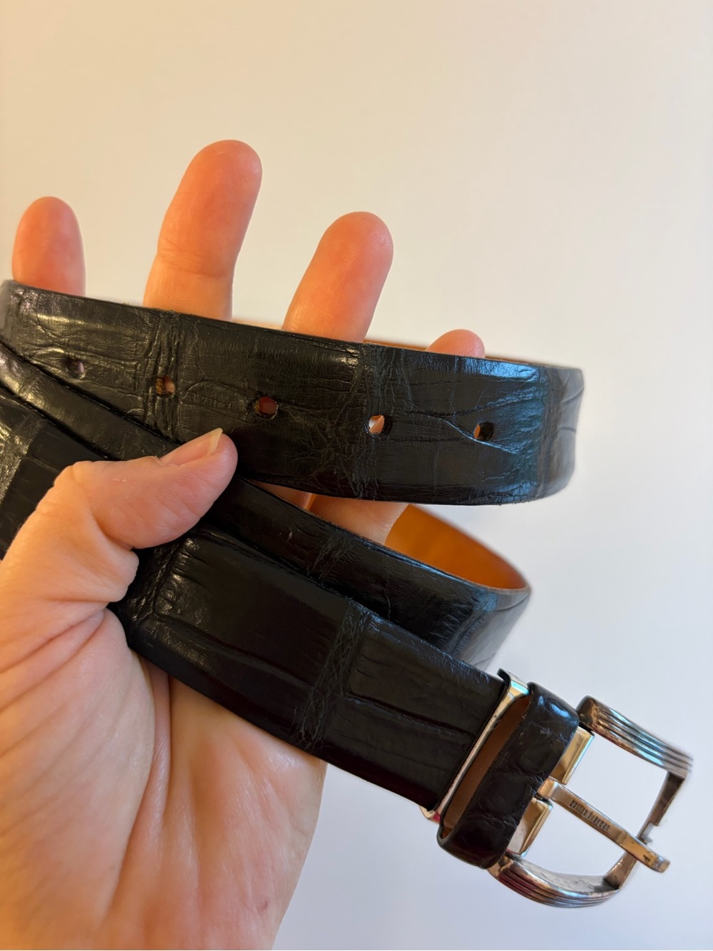 Martin Dingman Leather Belt Alligator Grain Black Brass Buckle Sz Approx 40